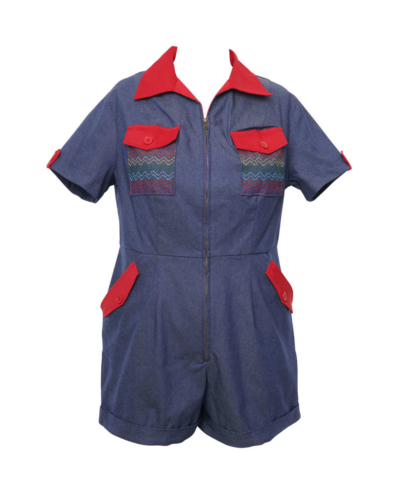 Front of a size L Unique Vintage Denim & Rainbow Embroidered Mia Romper in Blue by Unique Vintage. | dia_product_style_image_id:294827